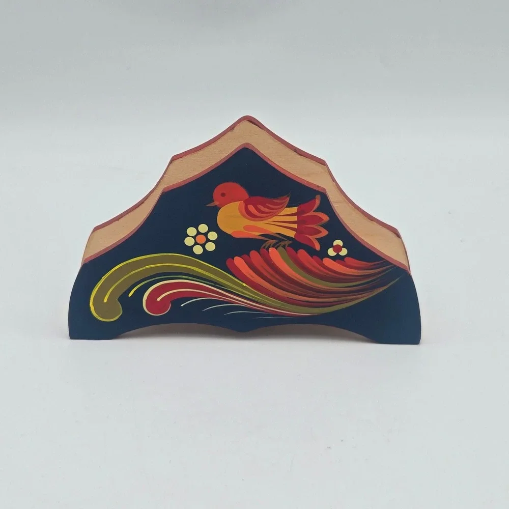 Swedish Dala Hand Painted Bird Floral Wooden Napkin Holder Scandinavian Folk Art